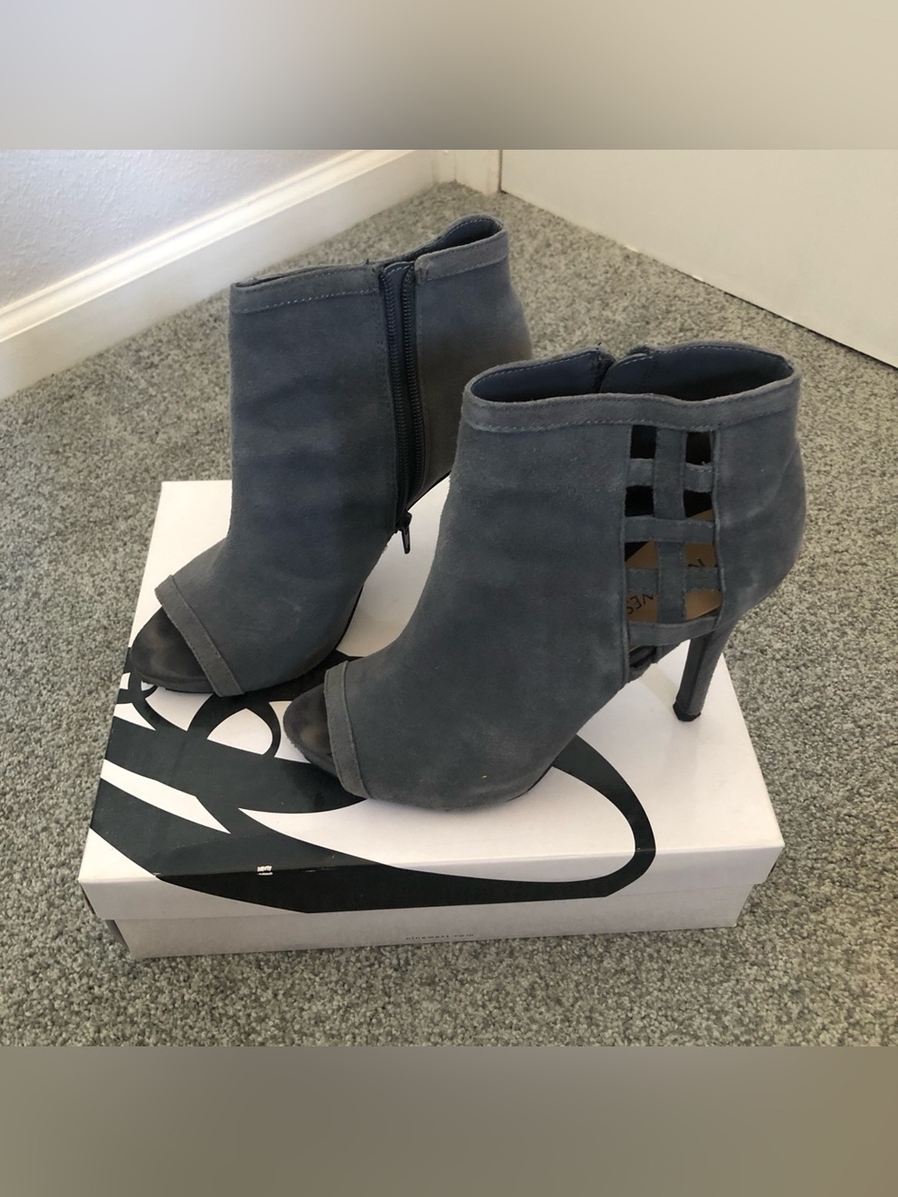 Suede Peep-Toe Ankle Booties in Gray